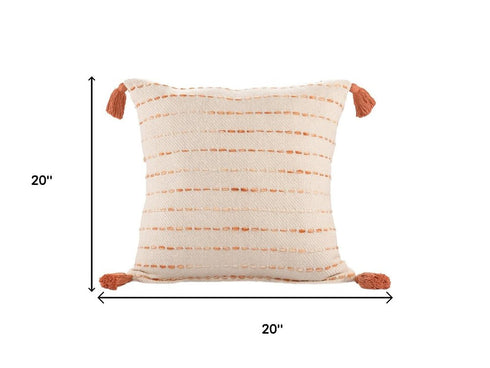 20" Ivory And Orange Striped Cotton Blend Throw Pillow Cover with Tassels