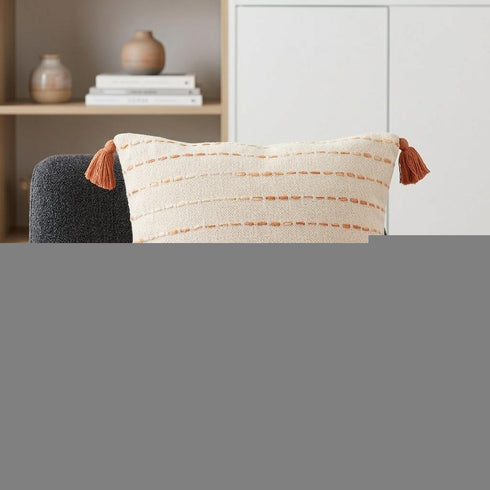 20" Ivory And Orange Striped Cotton Blend Throw Pillow Cover with Tassels