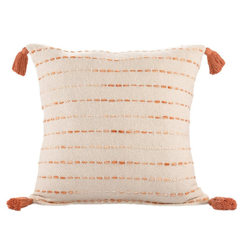 20" Ivory And Orange Striped Cotton Blend Throw Pillow Cover with Tassels