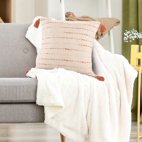 20" Ivory And Orange Striped Cotton Blend Throw Pillow Cover with Tassels