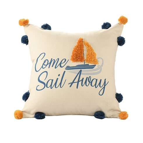 18" Cream Navy Blue And Orange Come Sail Away Beach Nautical Throw Pillow Cover