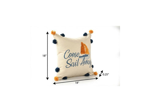 18" Cream Navy Blue And Orange Come Sail Away Beach Nautical Throw Pillow Cover