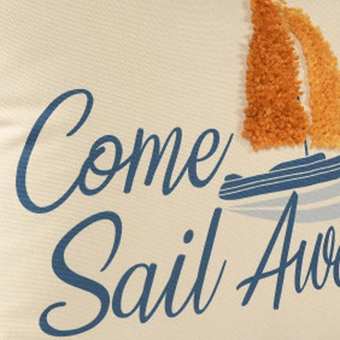 18" Cream Navy Blue And Orange Come Sail Away Beach Nautical Throw Pillow Cover