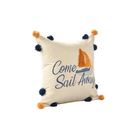 18" Cream Navy Blue And Orange Come Sail Away Beach Nautical Throw Pillow Cover