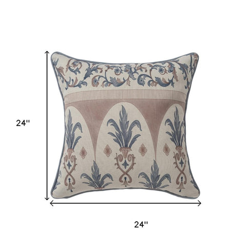 24" Blue And Brown Damask Recycled Poly Linen Throw Pillow