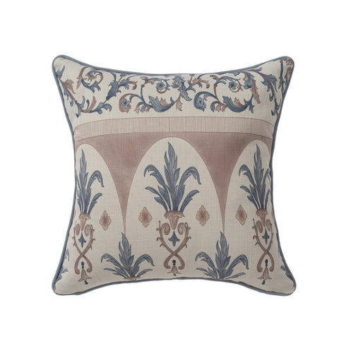 24" Blue And Brown Damask Recycled Poly Linen Throw Pillow