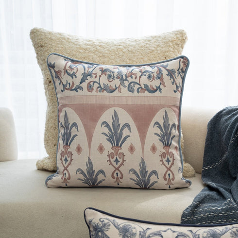 24" Blue And Brown Damask Recycled Poly Linen Throw Pillow