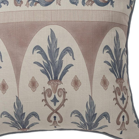 24" Blue And Brown Damask Recycled Poly Linen Throw Pillow