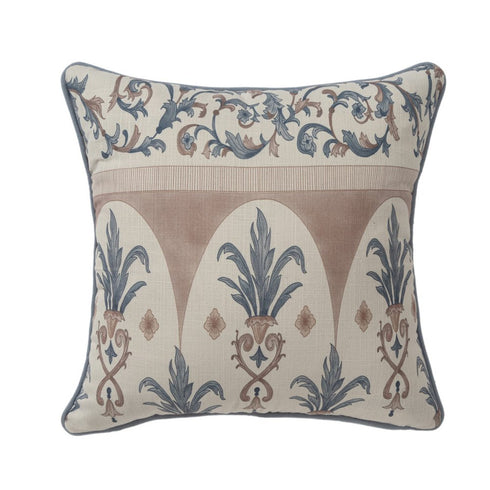 24" Blue And Brown Damask Recycled Poly Linen Throw Pillow
