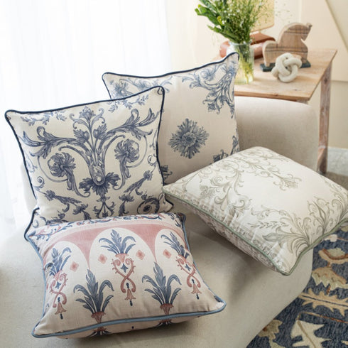 24" Blue And Brown Damask Recycled Poly Linen Throw Pillow