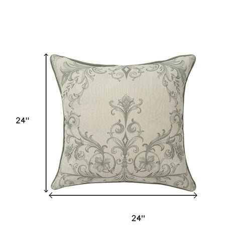 24" Sage And Ivory Damask Recycled Poly Linen Throw Pillow