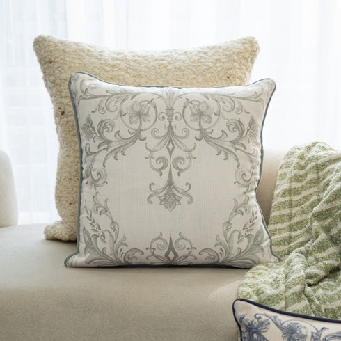 24" Sage And Ivory Damask Recycled Poly Linen Throw Pillow