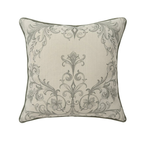 24" Sage And Ivory Damask Recycled Poly Linen Throw Pillow