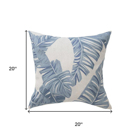 20" Blue And Ivory Floral Cotton Throw Pillow