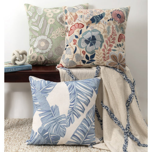 20" Blue And Ivory Floral Cotton Throw Pillow