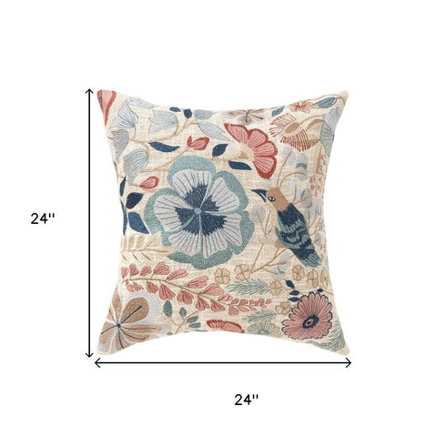 24" Ivory Slate Blue Terra Cotta And Sage Floral Cotton Throw Pillow
