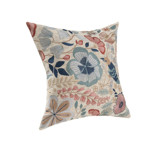 24" Ivory Slate Blue Terra Cotta And Sage Floral Cotton Throw Pillow