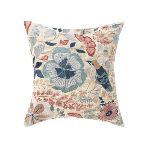 24" Ivory Slate Blue Terra Cotta And Sage Floral Cotton Throw Pillow