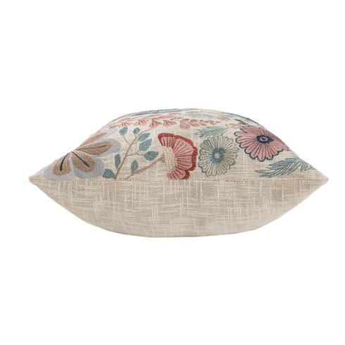 24" Ivory Slate Blue Terra Cotta And Sage Floral Cotton Throw Pillow