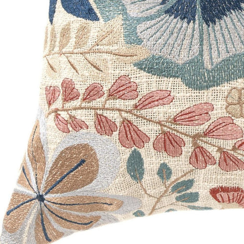24" Ivory Slate Blue Terra Cotta And Sage Floral Cotton Throw Pillow