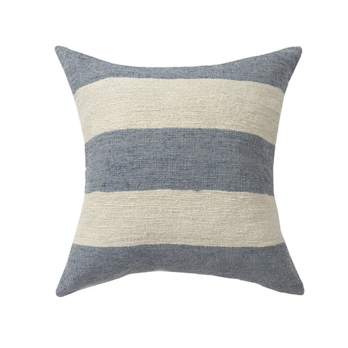 24" Blue And Ivory Striped Linen Blend Throw Pillow