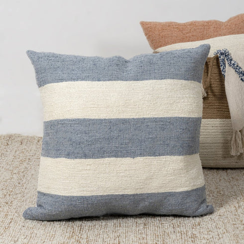 24" Blue And Ivory Striped Linen Blend Throw Pillow