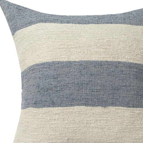 24" Blue And Ivory Striped Linen Blend Throw Pillow