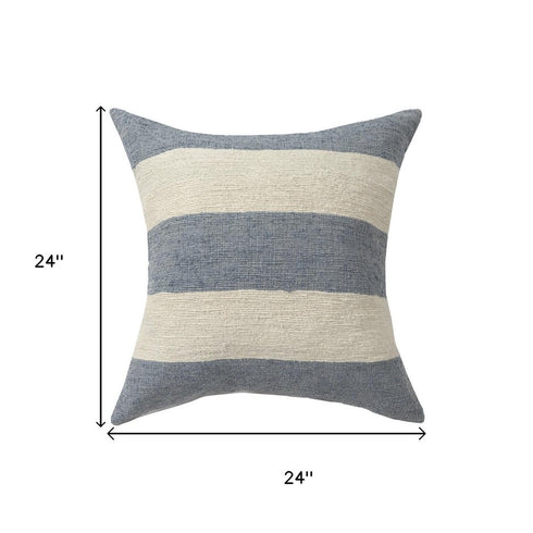 24" Blue And Ivory Striped Linen Blend Throw Pillow