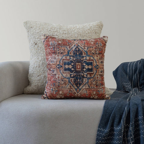 18" Beige Navy Blue And Rust Medallion Throw Pillow