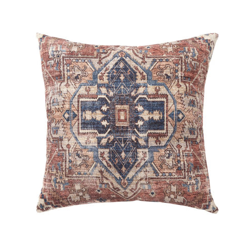 18" Beige Navy Blue And Rust Medallion Throw Pillow