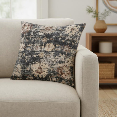 18" Navy Blue And Beige Floral Throw Pillow