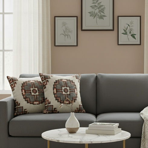 Set of Two 18" Brown And Beige Geometric Cotton Throw Pillows