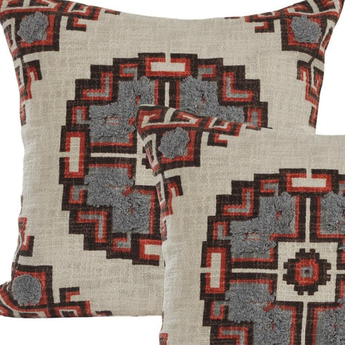 Set of Two 18" Brown And Beige Geometric Cotton Throw Pillows
