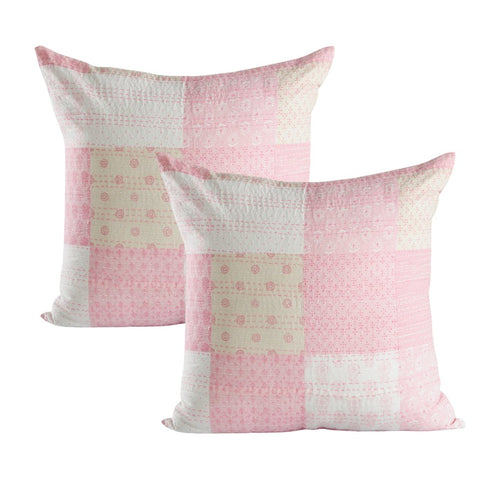 Set of Two 20" Pink And White Patchwork Cotton Throw Pillows