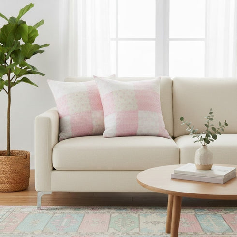 Set of Two 20" Pink And White Patchwork Cotton Throw Pillows