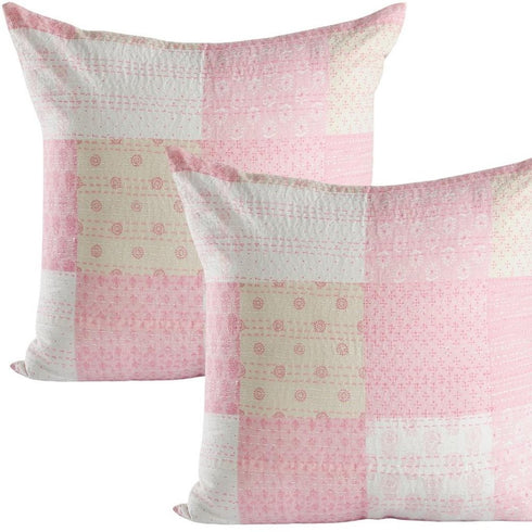 Set of Two 20" Pink And White Patchwork Cotton Throw Pillows