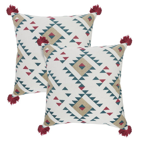 Set of Two 20" White Teal Blue Tan And Crimson Geometric Cotton Throw Pillows