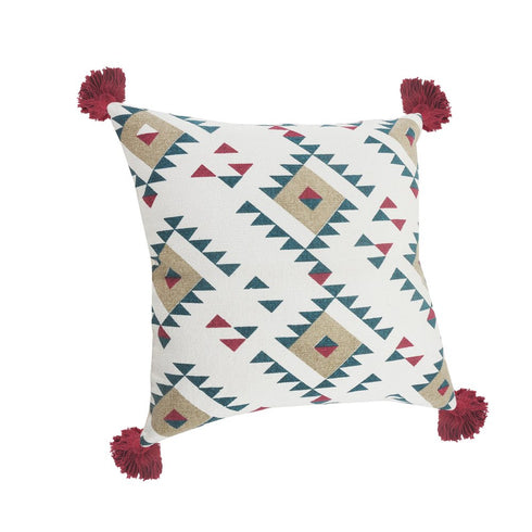 Set of Two 20" White Teal Blue Tan And Crimson Geometric Cotton Throw Pillows