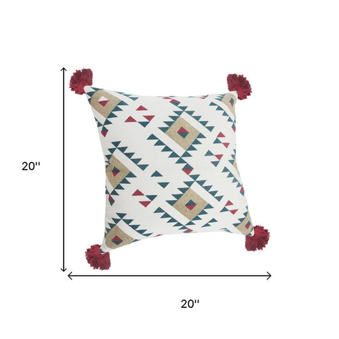 Set of Two 20" White Teal Blue Tan And Crimson Geometric Cotton Throw Pillows