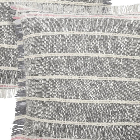 Set of Two 20" Gray And Pink Striped Cotton Throw Pillows with Fringe