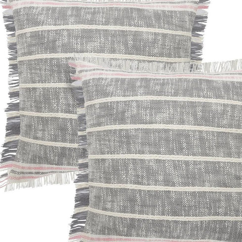 Set of Two 20" Gray And Pink Striped Cotton Throw Pillows with Fringe
