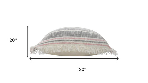 Set of Two 20" Gray And Pink Striped Cotton Throw Pillows with Fringe