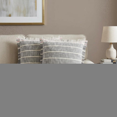 Set of Two 20" Gray And Pink Striped Cotton Throw Pillows with Fringe