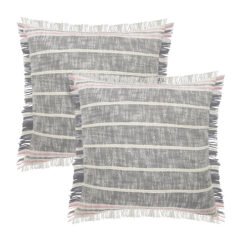 Set of Two 20" Gray And Pink Striped Cotton Throw Pillows with Fringe