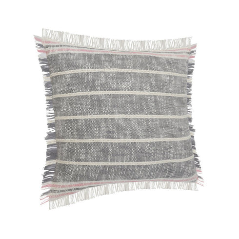 Set of Two 20" Gray And Pink Striped Cotton Throw Pillows with Fringe