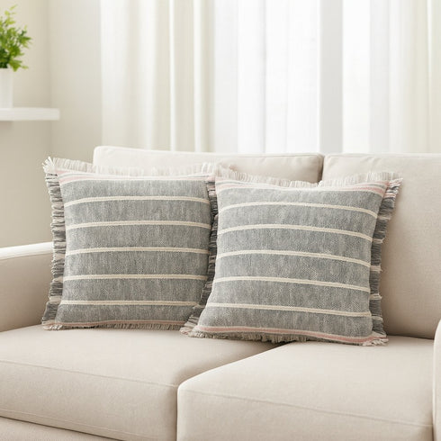 Set of Two 20" Gray And Pink Striped Cotton Throw Pillows with Fringe
