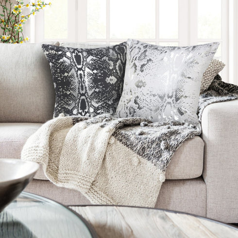 Set of Two 20" White And Silver Cotton Throw Pillows