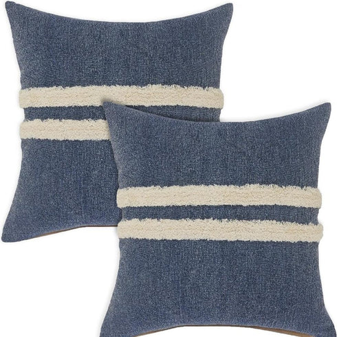 Set of Two 20" Blue And White Striped Cotton Throw Pillows with Tufts