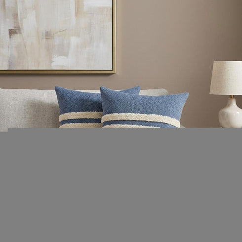 Set of Two 20" Blue And White Striped Cotton Throw Pillows with Tufts
