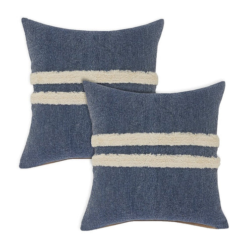 Set of Two 20" Blue And White Striped Cotton Throw Pillows with Tufts